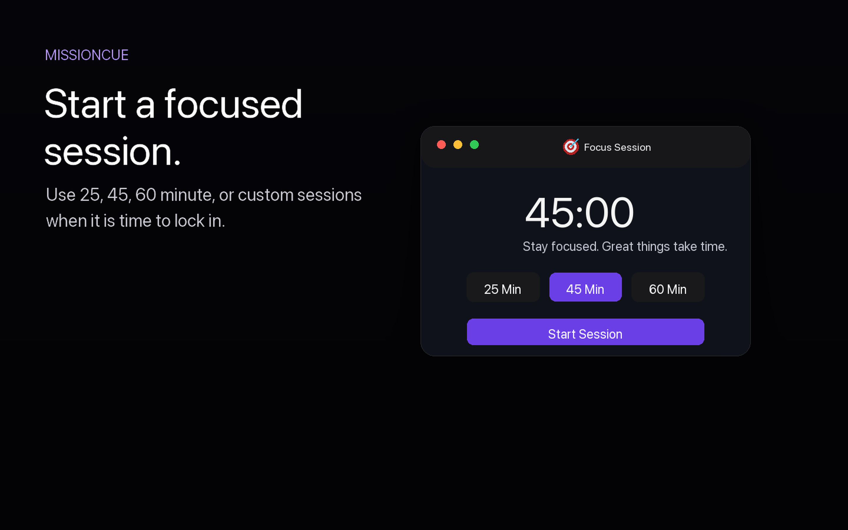 MissionCue focus session screen with a 45 minute timer.