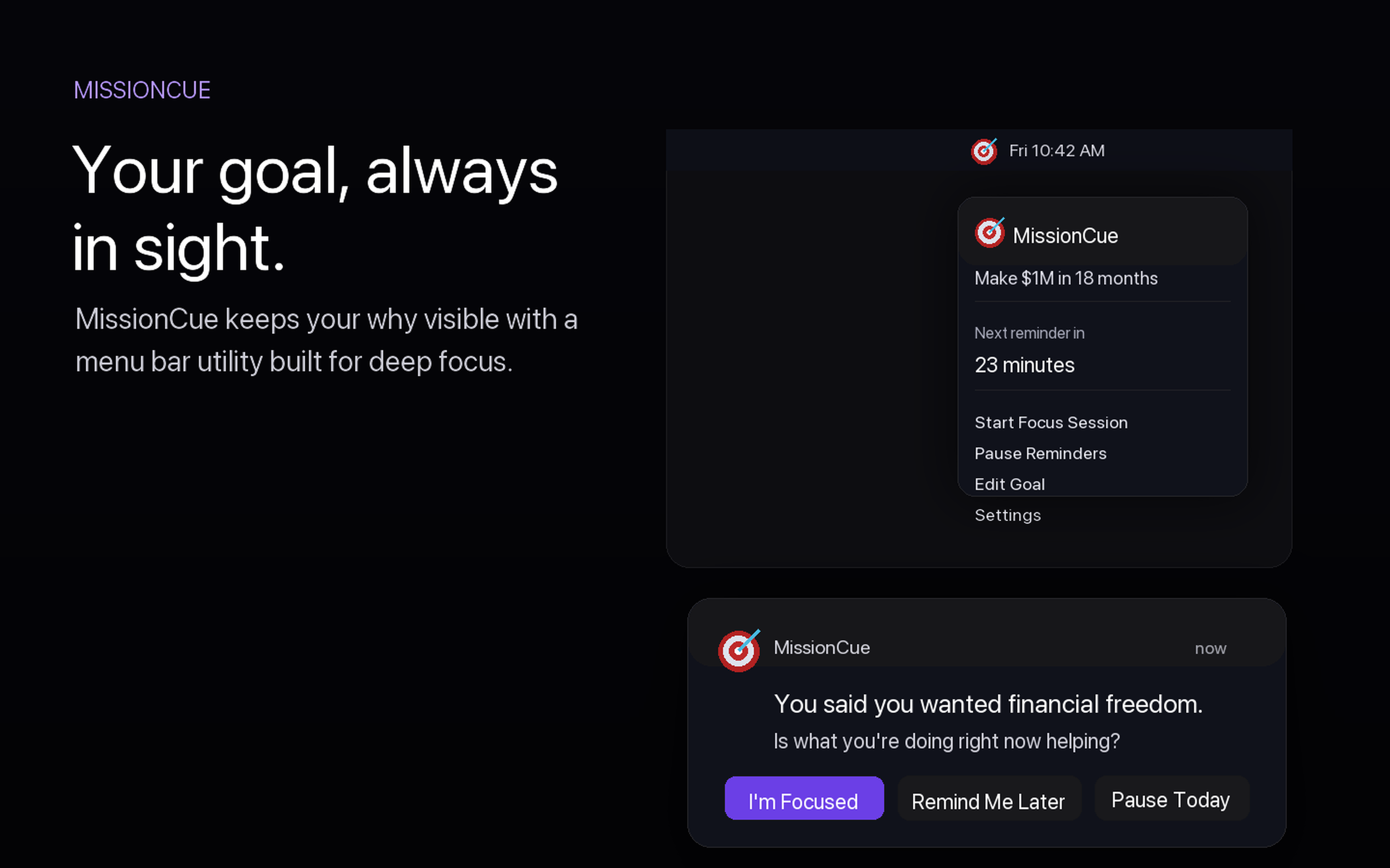 MissionCue menu bar app and reminder notification on macOS.