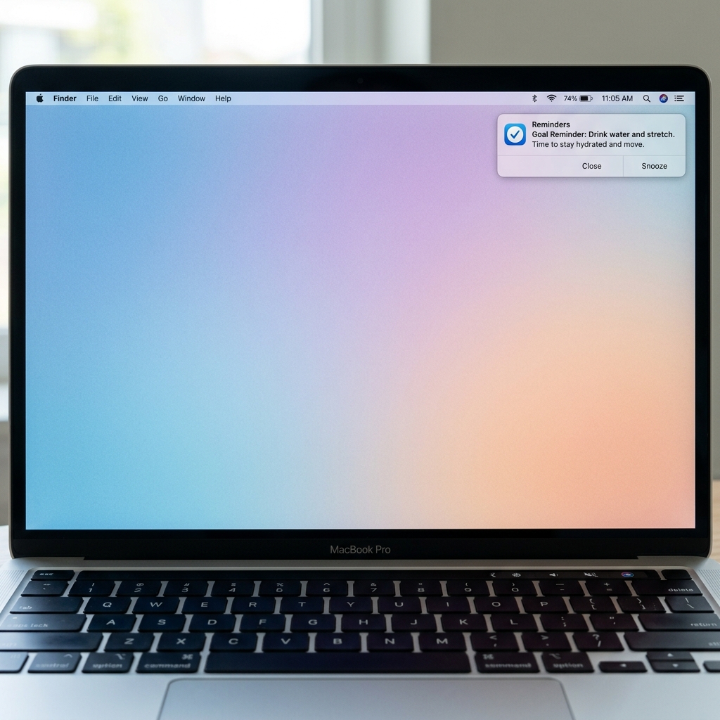 Mac home screen showing a MissionCue goal reminder notification.